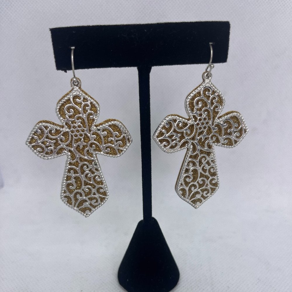 Silver Filigree Cross Earrings with gold shimmer back